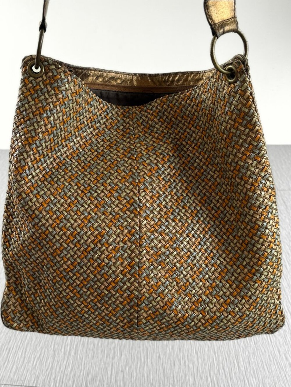 Sondra Roberts Women's Woven Leather Crossbody Bag Brown Orange
